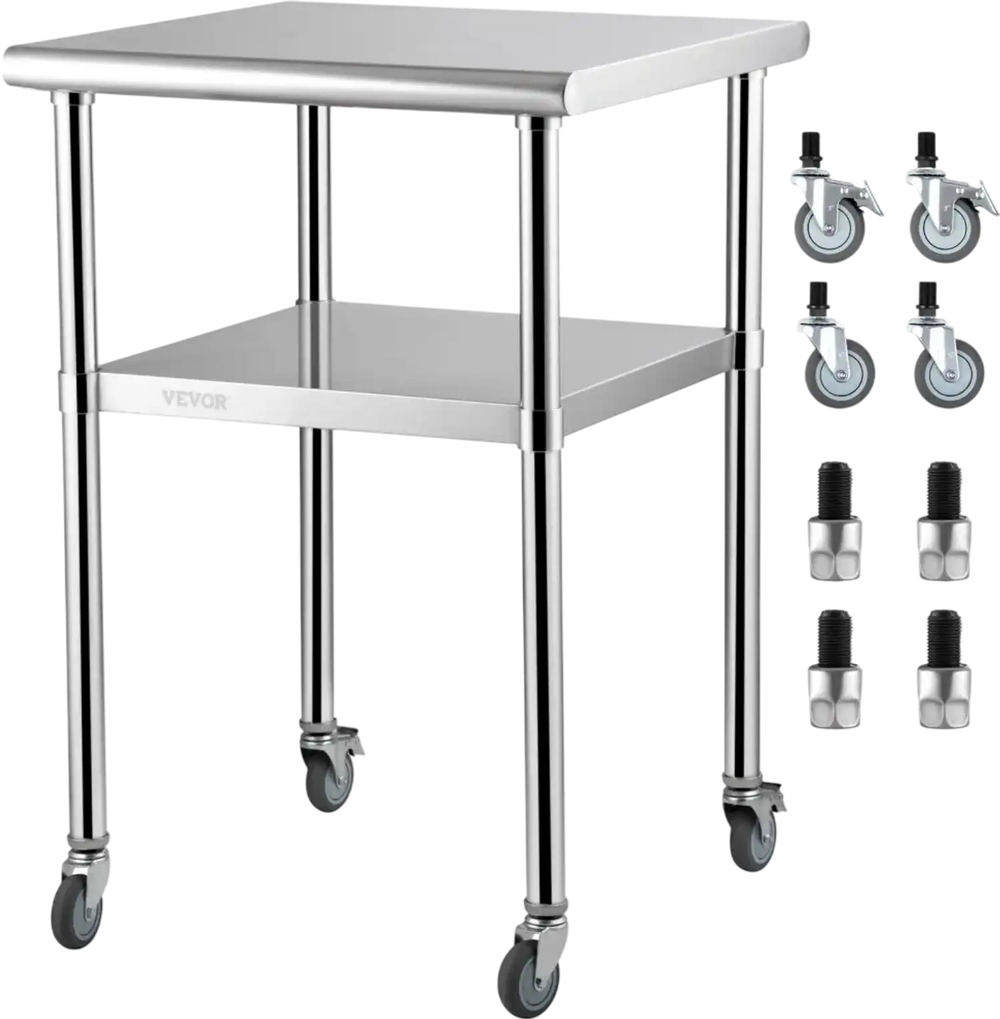 VEVOR Mesa de preparación de acero inoxidable, 24 x 24 x 36 pulgadas, capacidad de carga de 600 libras, mesa de trabajo de metal resistente con estante inferior ajustable y ruedas universales, estació