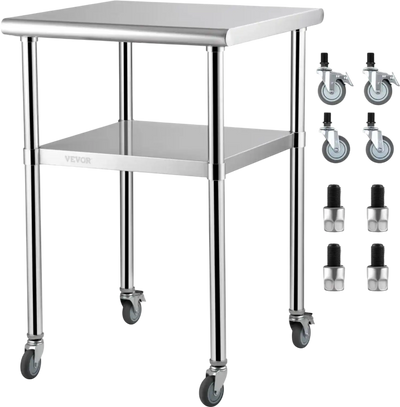 VEVOR Mesa de preparación de acero inoxidable, 24 x 24 x 36 pulgadas, capacidad de carga de 600 libras, mesa de trabajo de metal resistente con estante inferior ajustable y ruedas universales, estació