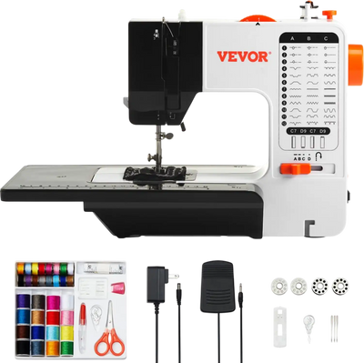 VEVOR Sewing Machine, Portable Sewing Machine for Beginners with 38 Built-in Stitches & Reverse Sewing, Dual Speed Sewing Machine with Extension Table Foot Pedal, Accessory Kit Family Home Travel