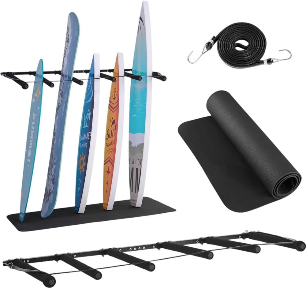 VEVOR Surfboard Wall Mount, 5 Tiers Vertical Surfboard Rack for Storage and Display, Adjustable Metal Board Stand Organizer with Sponge Pad, Surf Board Holder for Snowboards, Kiteboards, Shortboard
