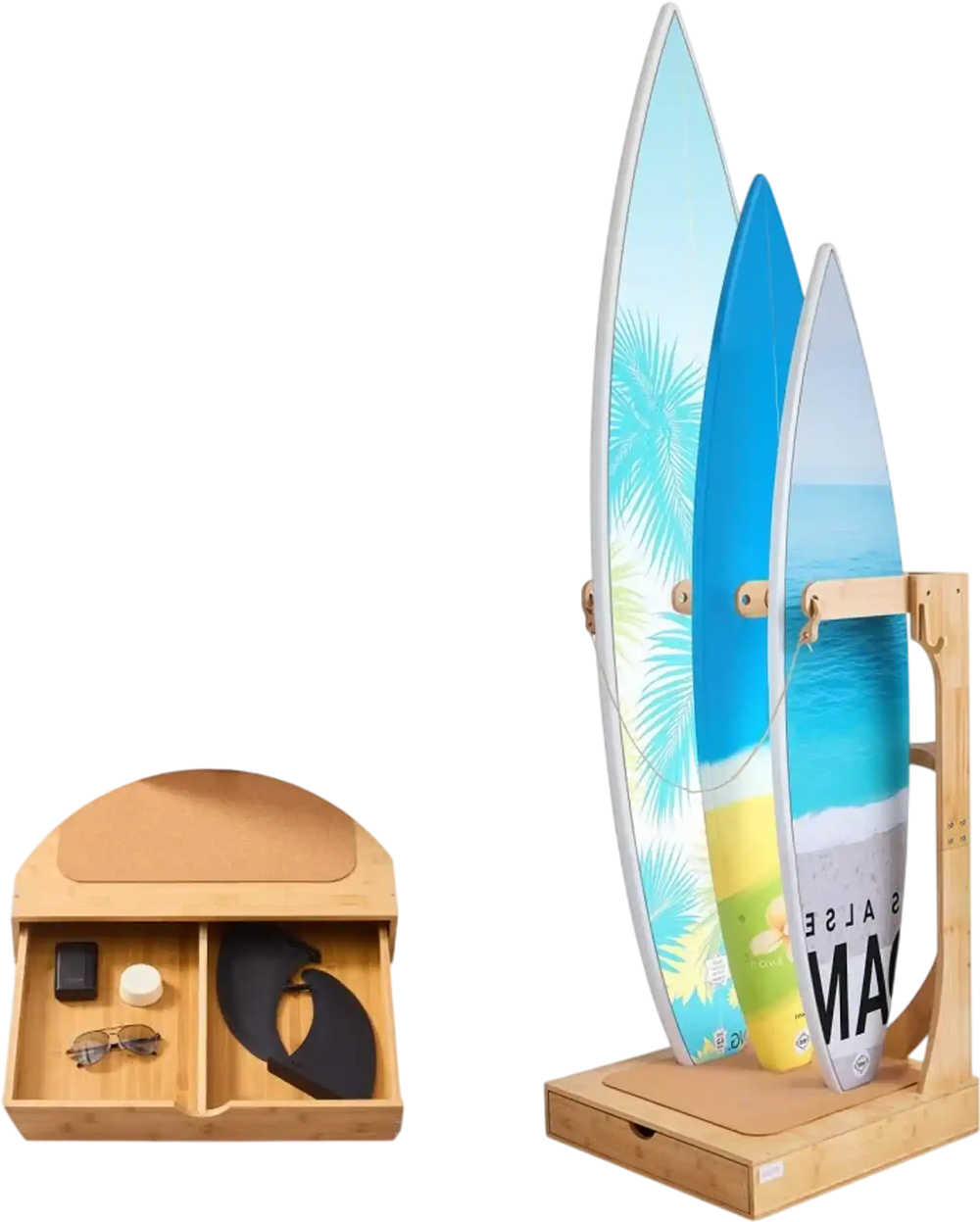 VEVOR Vertical Surfboard Stand, 3 Tiers Wooden Surfboard Rack for Storage and Display, Freestanding Board Stand Organizer with Hanging Hooks & Cork Padding, for Wakeboards, Snowboards, Kiteboards