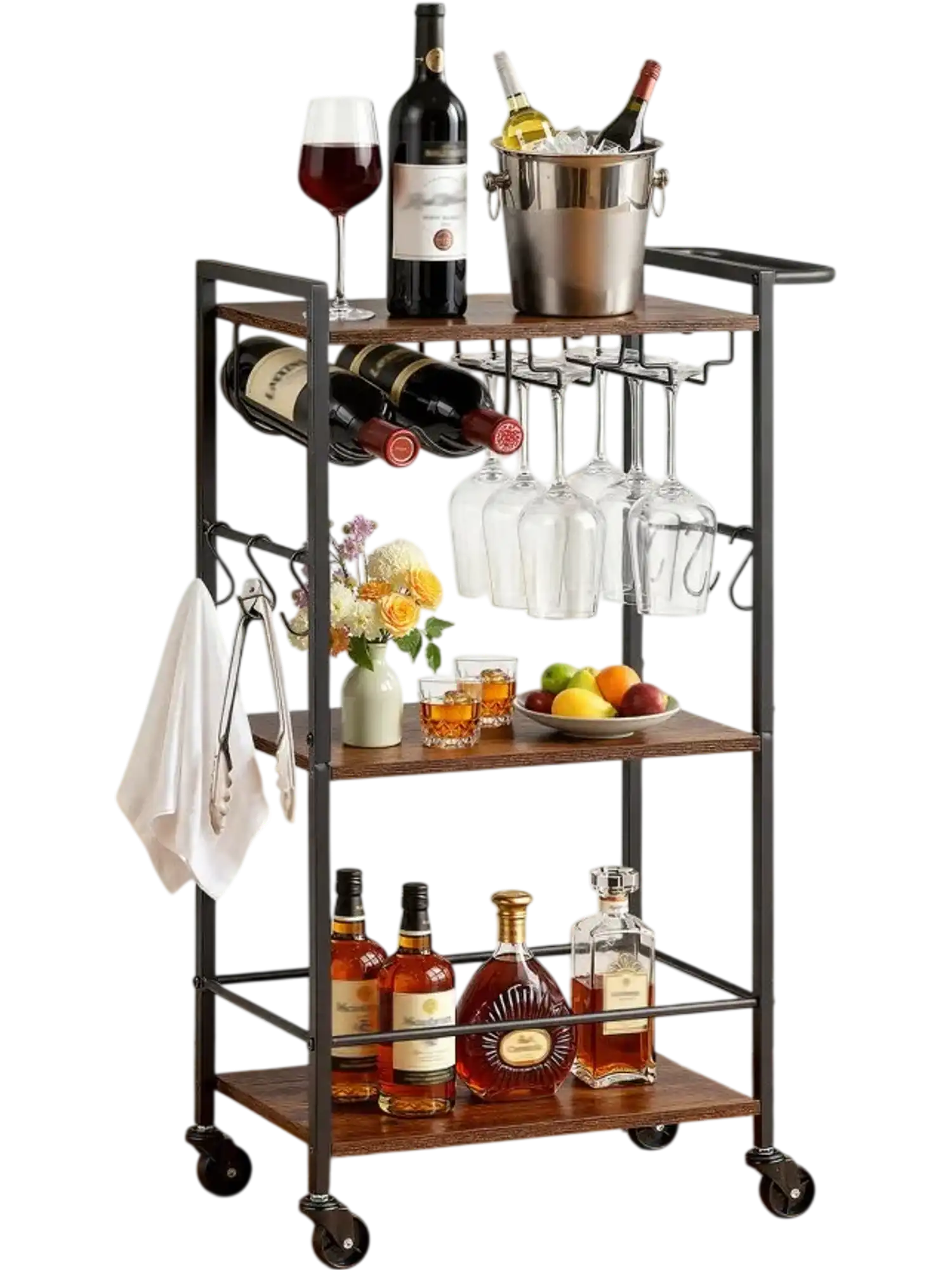 Vevor Bar Cart 3-Tier Rolling Serving Cart with Wine Rack & Glass Holder 20.08