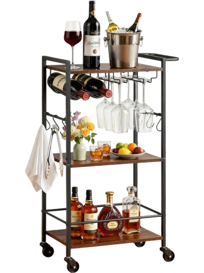VEVOR Bar Cart, 3 Tiers Home Kitchen Serving Carts, Industrial Rolling Utility Station on Wheel, Mobile Drink Beverage Shelf with Wine Rack & Glass Holder, 20.08x11.02x33.07 in, Rustic Brown and Black
