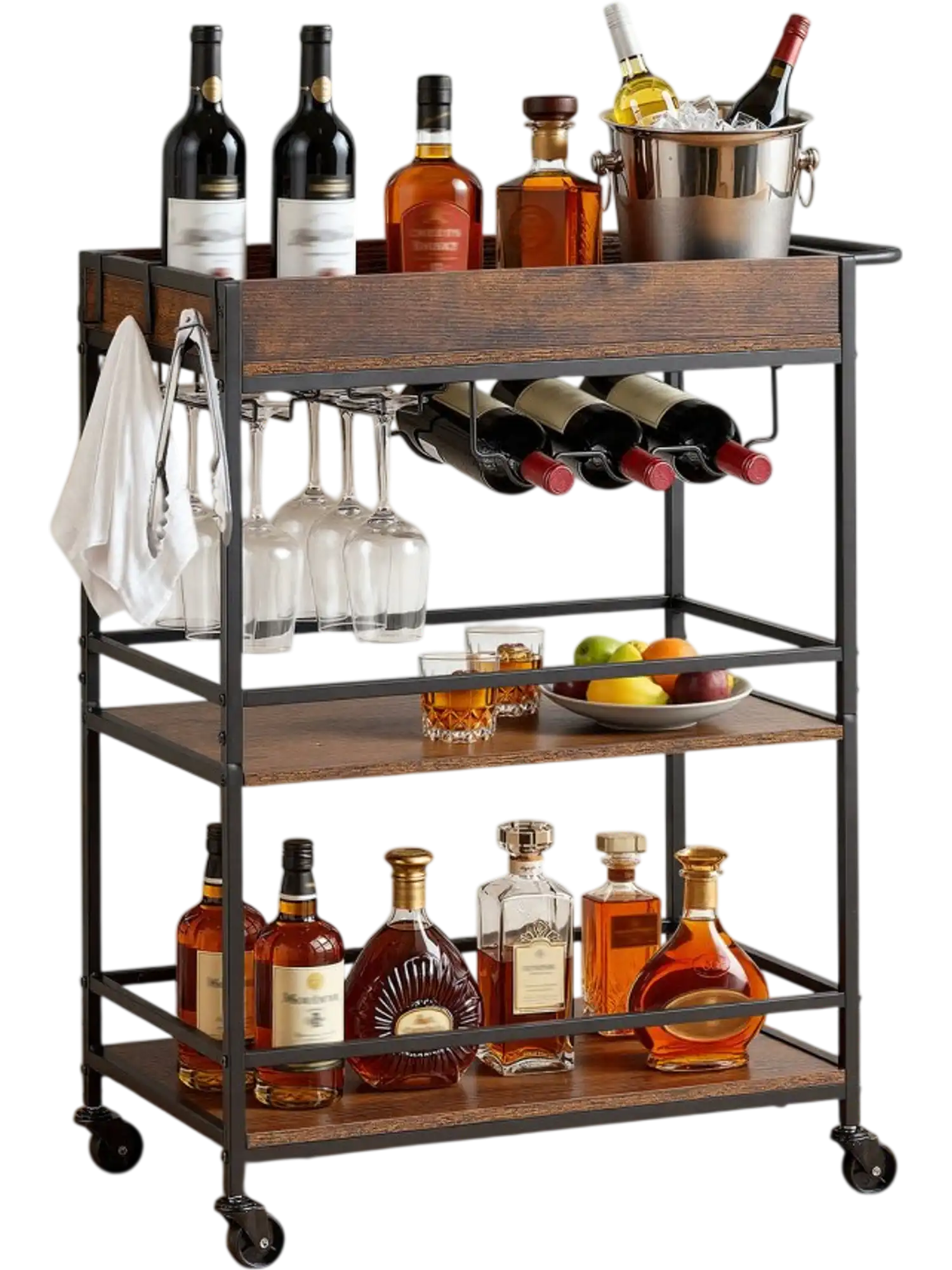 Vevor Bar Cart 3-Tier Rolling Serving Cart with Wine Rack & Glass Holder 26.77