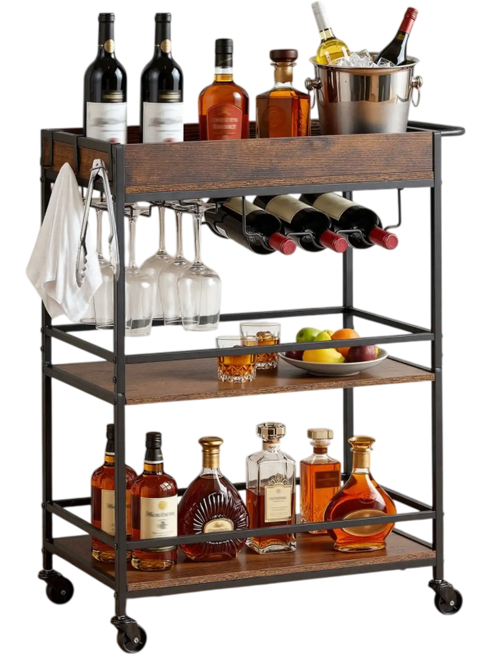 VEVOR Bar Cart, 3 Tiers Home Kitchen Serving Carts, Industrial Rolling Utility Station on Wheel, Mobile Drink Beverage Shelf with Wine Rack & Glass Holder, 26.77x14.17x32.68 in, Rustic Brown and Black
