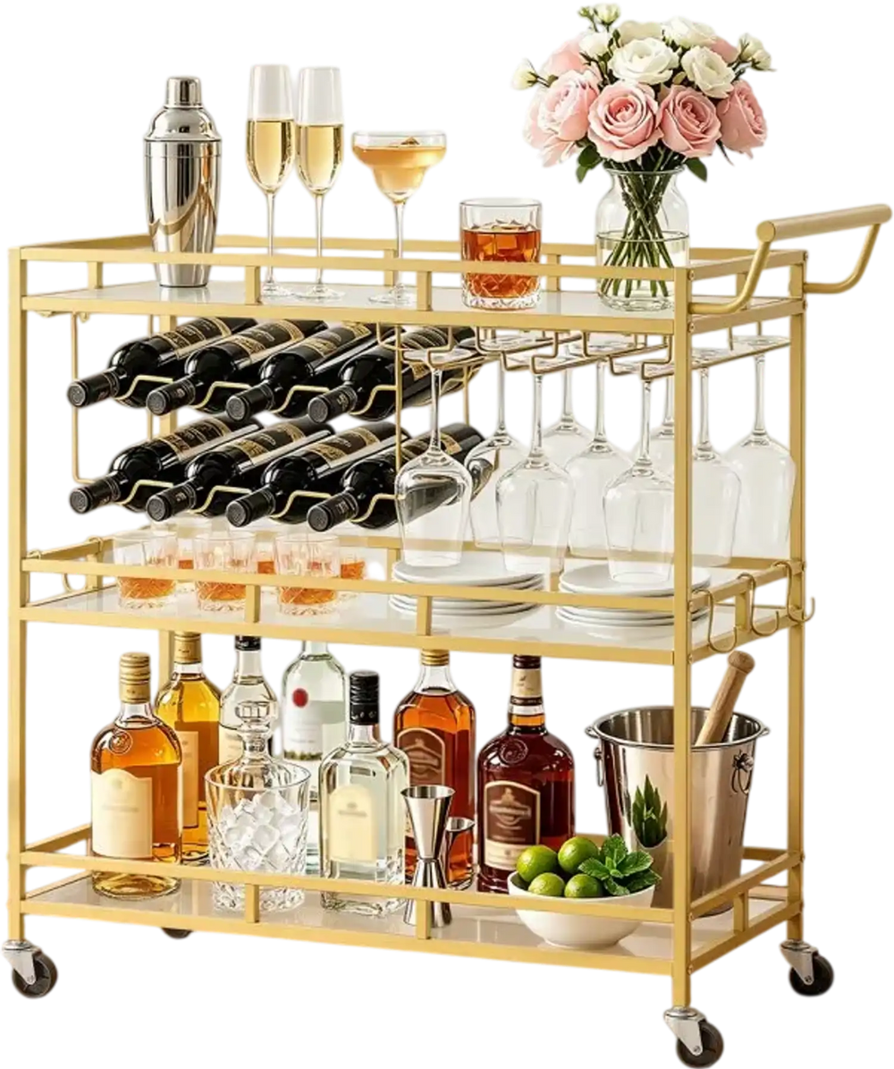 VEVOR Bar Cart, 3 Tiers Home Kitchen Serving Carts, Modern Rolling Utility Station on Wheels, Drink Beverage Trolley with Tempered Glass Shelves, Wine Rack, Glass Holder, for Living Dining Room, Gold