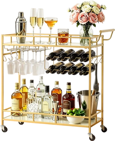 Vevor Bar Cart 2-Tier Rolling Serving Cart with Mirrored Glass Shelves Gold New