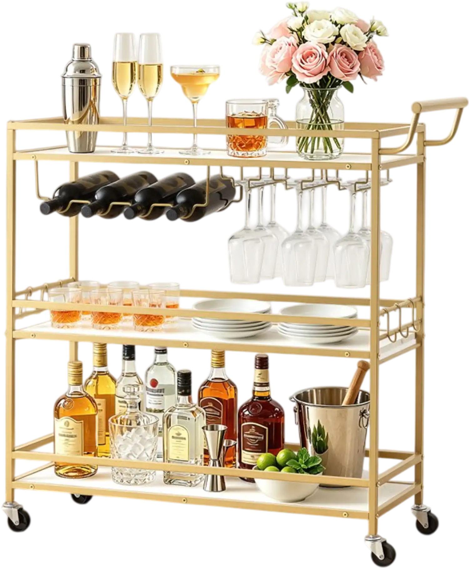 Vevor Bar Cart 3-Tier Rolling Serving Trolley with Wine Rack and Glass Holder Gold New