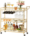VEVOR Bar Cart, 3 Tiers Home Kitchen Serving Carts, Modern Rolling Utility Station on Wheels, Mobile Drink Beverage Trolley with Wooden Shelf, Wine Rack, and Glass Holder, 35.83x12.99x36.81 in, Gold