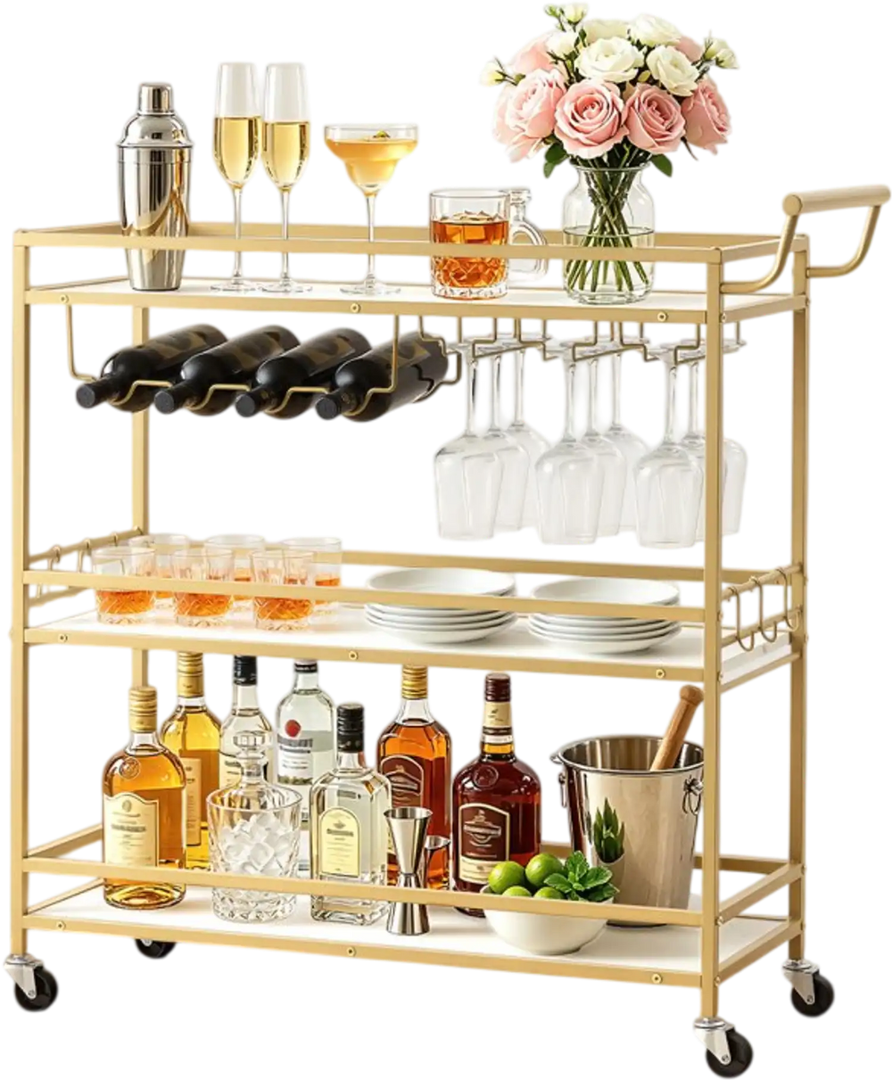 VEVOR Bar Cart, 3 Tiers Home Kitchen Serving Carts, Modern Rolling Utility Station on Wheels, Mobile Drink Beverage Trolley with Wooden Shelf, Wine Rack, and Glass Holder, 35.83x12.99x36.81 in, Gold