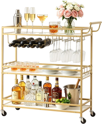 VEVOR Bar Cart, 3 Tiers Home Kitchen Serving Carts, Modern Rolling Utility Station on Wheels, Mobile Drink Beverage Trolley with Wooden Shelf, Wine Rack, and Glass Holder, 35.83x12.99x36.81 in, Gold