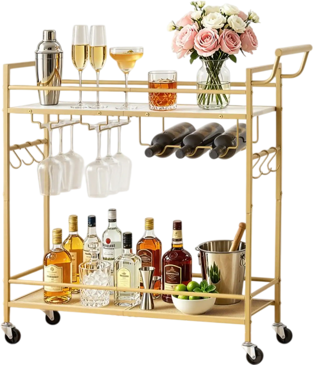 VEVOR Bar Cart, 2 Tiers Home Kitchen Serving Carts, Modern Rolling Utility Station on Wheel, Mobile Drink Beverage Trolley with Wooden & Mesh Shelf, Wine Rack, Glass Holder, 33.86x11.81x32.68 in, Gold
