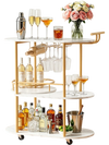 VEVOR Bar Cart, 3 Tiers Home Kitchen Serving Carts, Modern Round Rolling Utility Station on Wheels, Mobile Drink Beverage Trolley w/ Wooden Shelf, Wine Rack, Glass Holder, for Living Dining Room, Gold