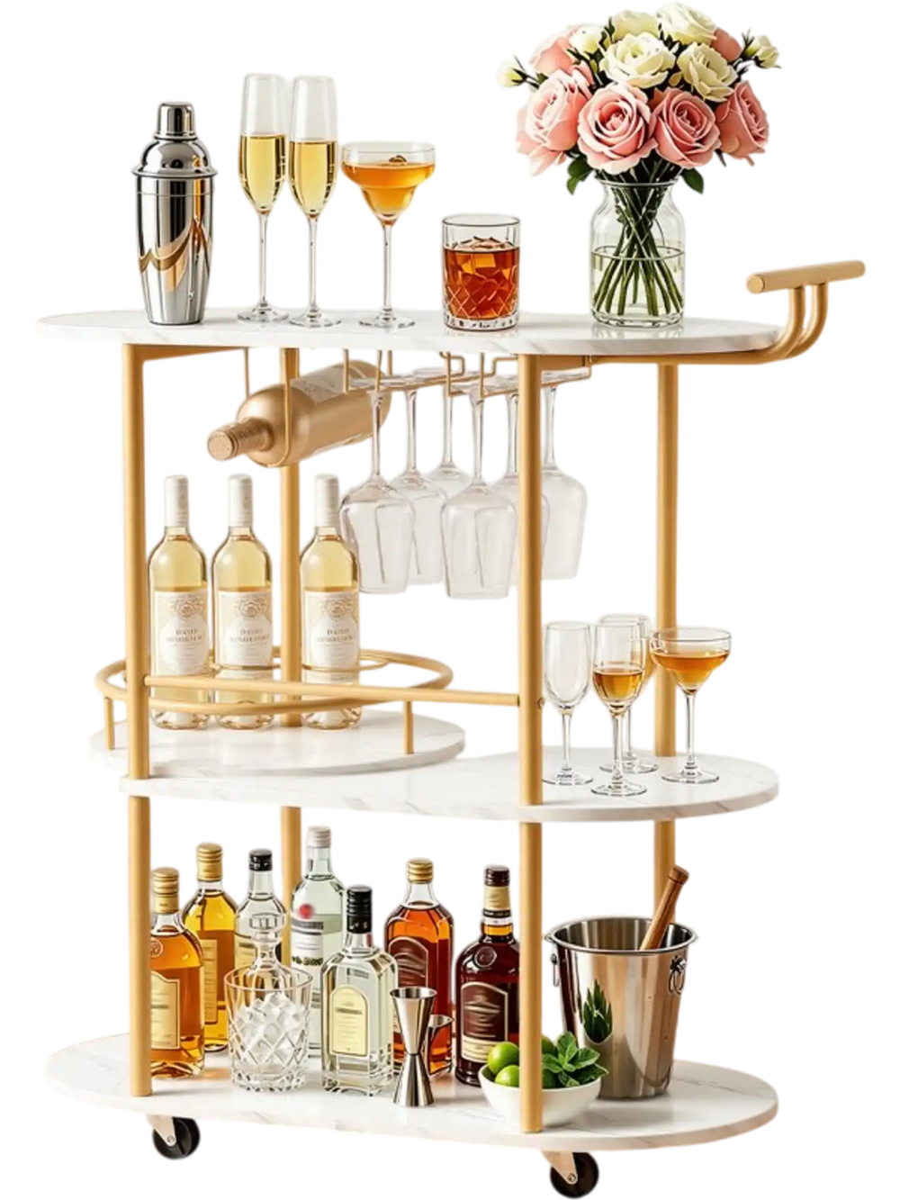 VEVOR Bar Cart, 3 Tiers Home Kitchen Serving Carts, Modern Round Rolling Utility Station on Wheels, Mobile Drink Beverage Trolley w/ Wooden Shelf, Wine Rack, Glass Holder, for Living Dining Room, Gold