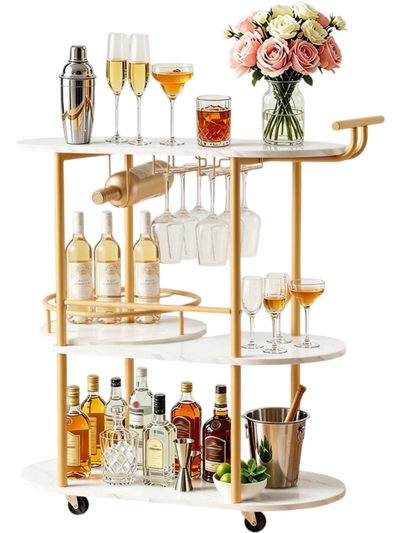 VEVOR Bar Cart, 3 Tiers Home Kitchen Serving Carts, Modern Round Rolling Utility Station on Wheels, Mobile Drink Beverage Trolley w/ Wooden Shelf, Wine Rack, Glass Holder, for Living Dining Room, Gold