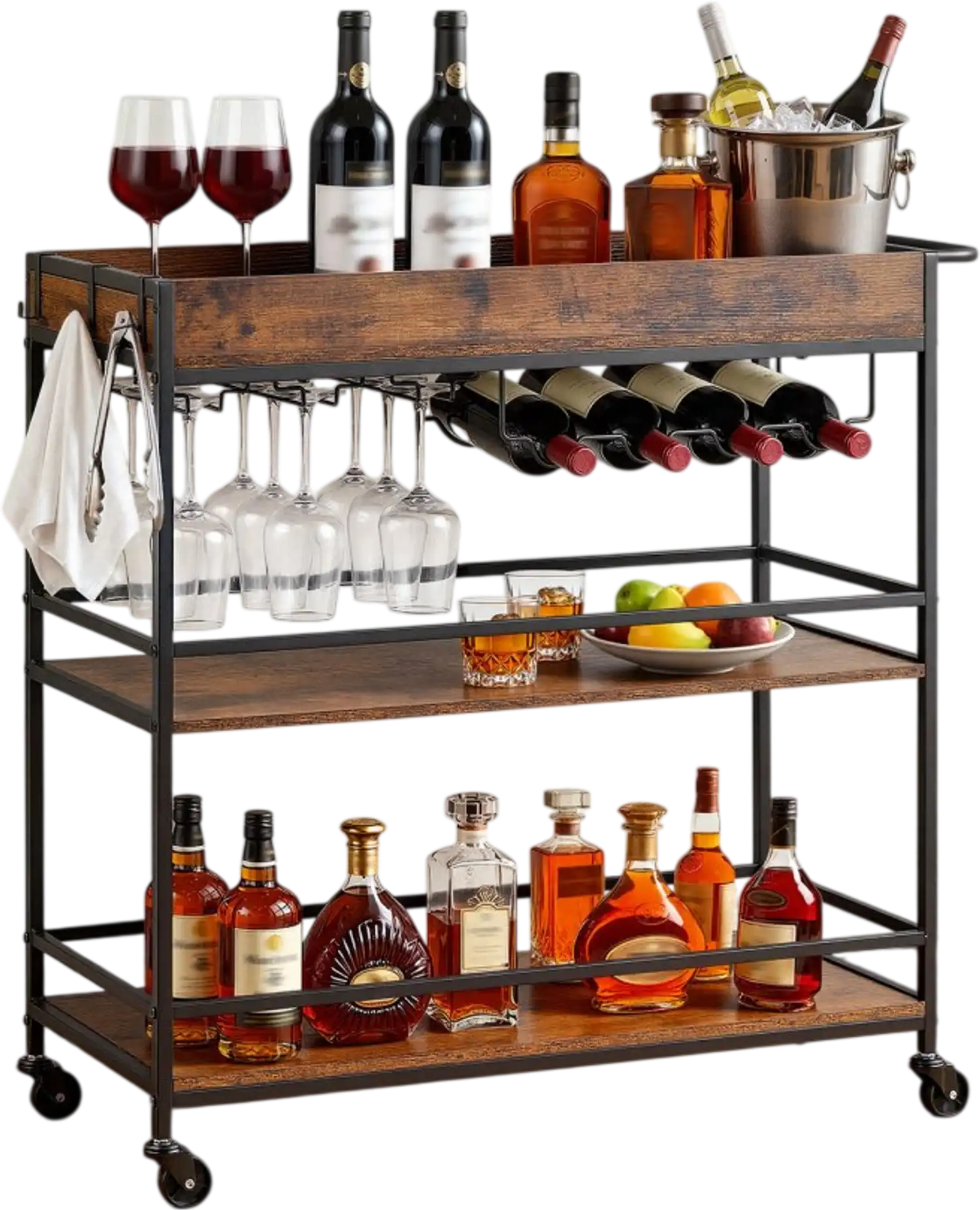 Vevor Bar Cart 3-Tier Rolling Serving Cart with Wine Rack & Glass Holder Rustic Brown and Black New