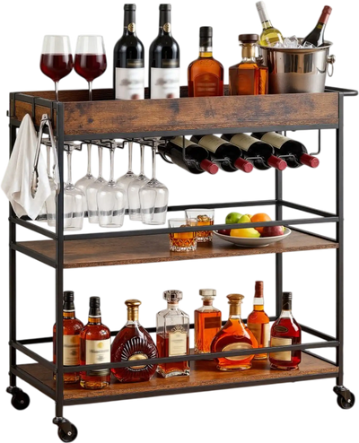 VEVOR Bar Cart, 3 Tiers Home Kitchen Serving Carts, Industrial Rolling Utility Station on Wheel, Mobile Drink Beverage Shelf with Wine Rack & Glass Holder, 34.64x14.17x32.68 in, Rustic Brown and Black
