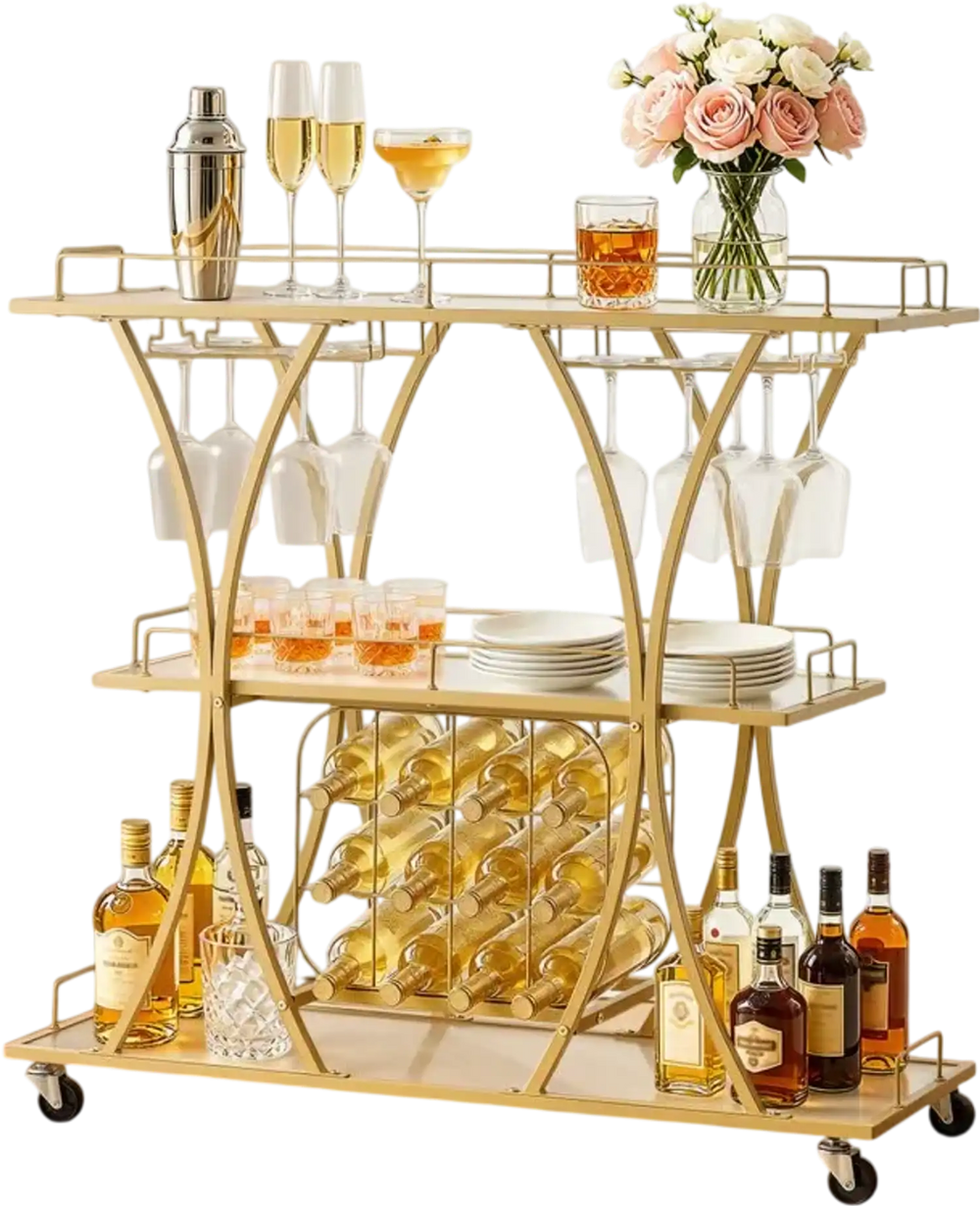 VEVOR Bar Cart, 3 Tiers Home Kitchen Serving Carts, Modern Rolling Utility Station on Wheels, Drink Beverage Trolley with Tempered Glass Shelves, Wine Rack, Glass Holder, for Living Dining Room, Gold