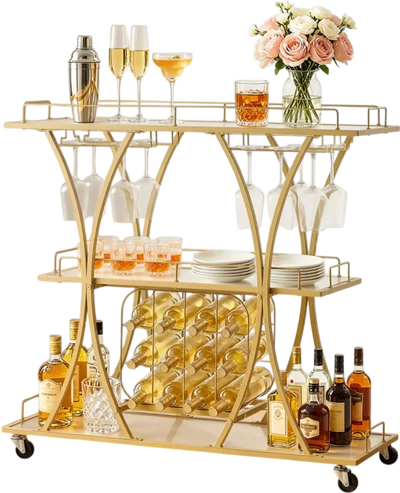 VEVOR Bar Cart, 3 Tiers Home Kitchen Serving Carts, Modern Rolling Utility Station on Wheels, Drink Beverage Trolley with Tempered Glass Shelves, Wine Rack, Glass Holder, for Living Dining Room, Gold
