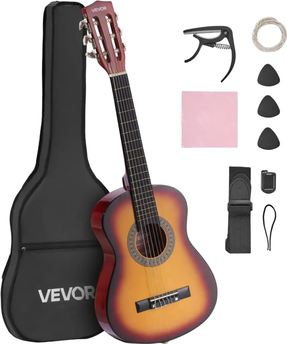 VEVOR Classical Guitar, 30 Inch, Wood Classical Guitar Starter Kit for Beginners, with Nylon Strings, Gig Bag, Strap, Tuner, Extra Strings, Pick, Capo, Basswood, for Kids Girls Boys Students, Sunburst