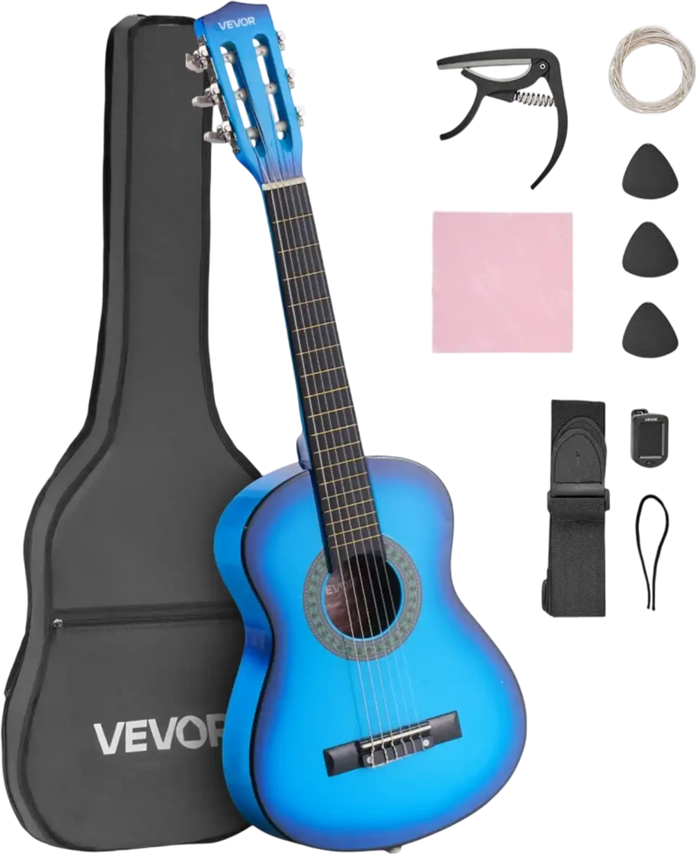 VEVOR Classical Guitar, 30 Inch, Wood Classical Guitar Starter Kit for Beginners, with Nylon Strings, Gig Bag, Strap, Tuner, Extra Strings, Picks, Capo, Basswood, for Kids Girls Boys Students, Blue