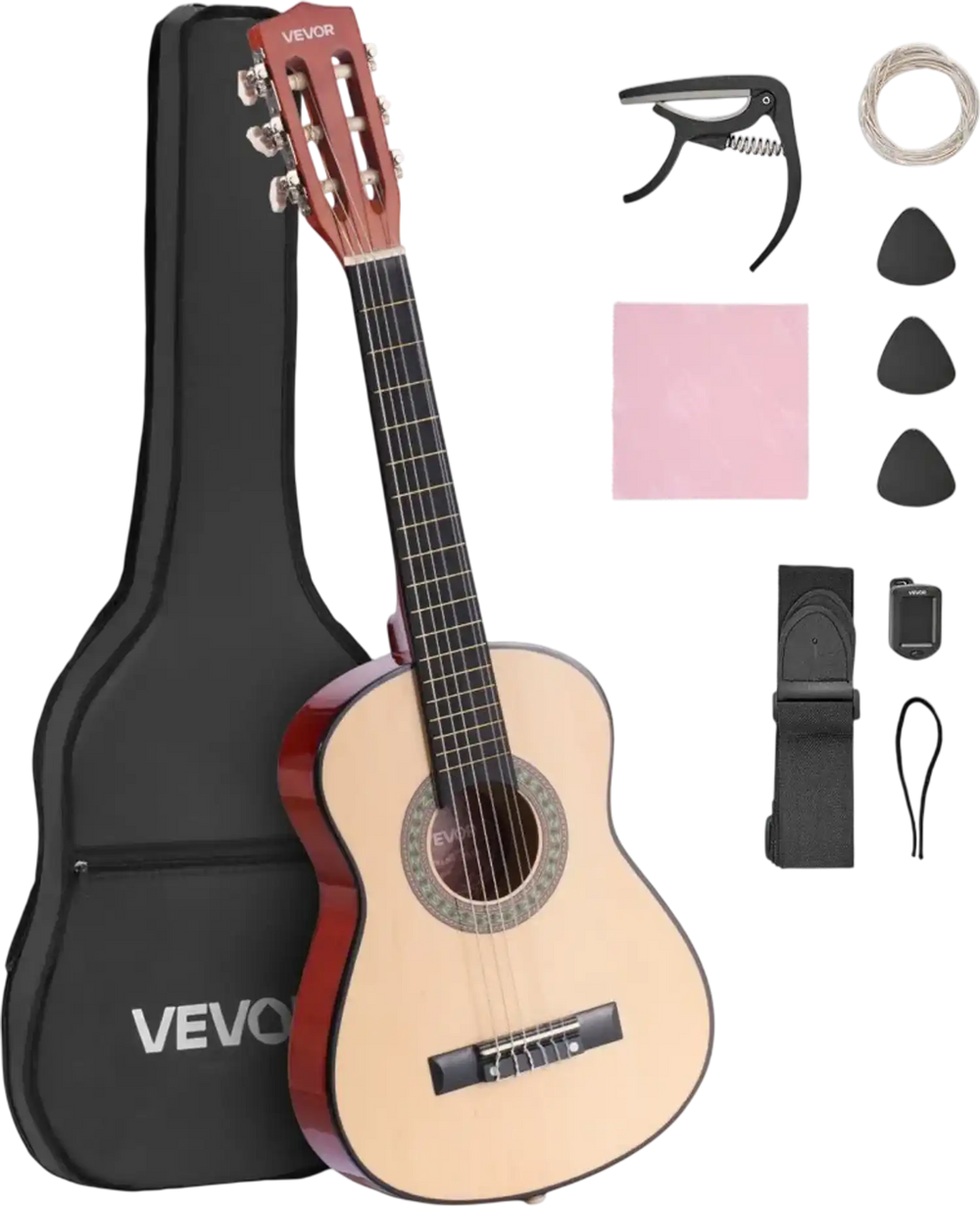VEVOR Classical Guitar, 30 Inch, Wood Classical Guitar Starter Kit for Beginners, with Nylon Strings, Gig Bag, Strap, Tuner, Extra Strings, Picks, Capo, Basswood, for Kids Girls Boys Students, Natural