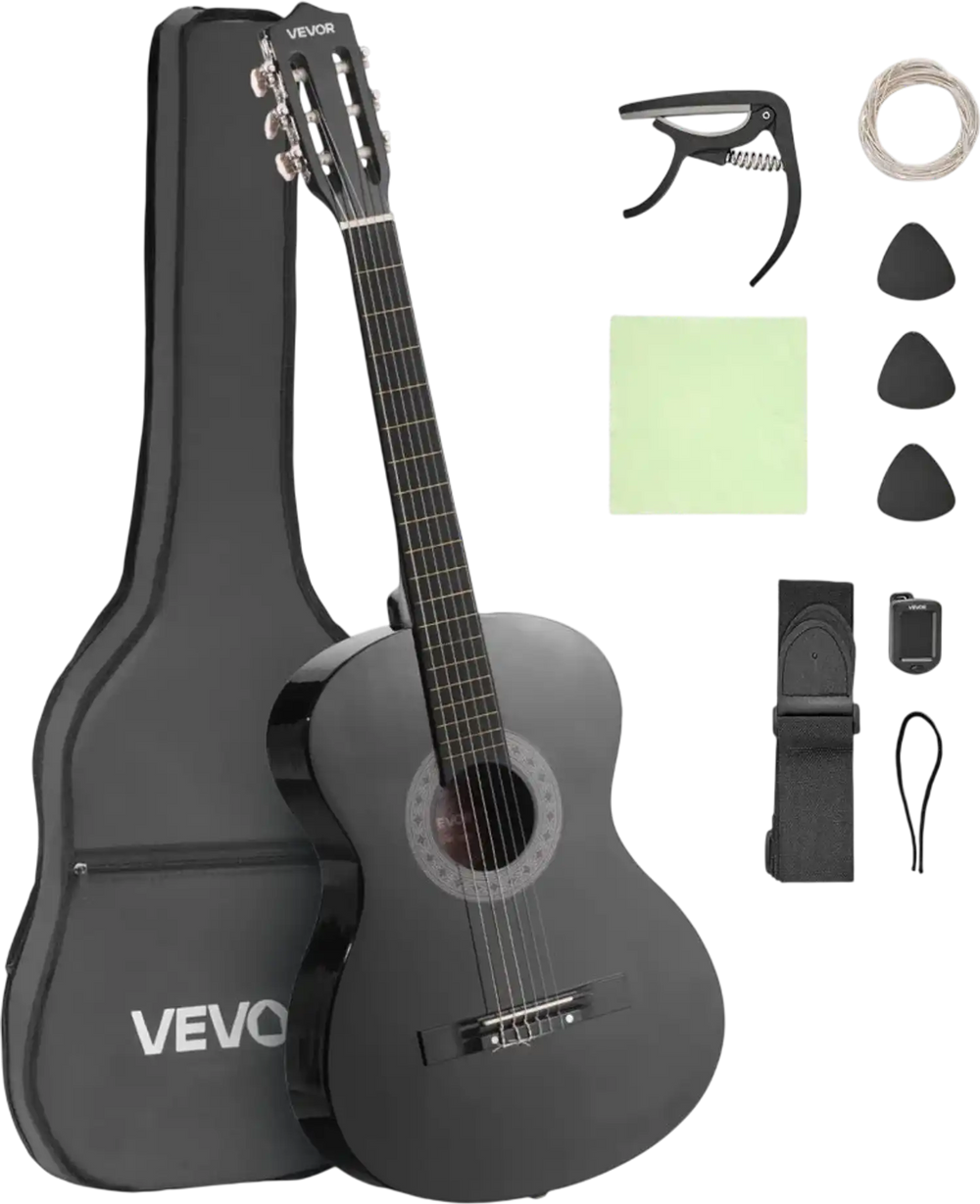 VEVOR Classical Guitar, 38 Inch, Wood Classical Guitar Starter Kit for Beginners, with Nylon Strings, Gig Bag, Strap, Tuner, Extra Strings, Picks, Capo, Basswood, for Teenagers Adults Students, Black