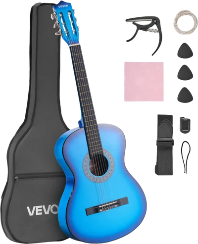 VEVOR Classical Guitar, 38 Inch, Wood Classical Guitar Starter Kit for Beginners, with Nylon Strings, Gig Bag, Strap, Tuner, Extra Strings, Picks, Capo, Basswood, for Teenagers Adults Students, Blue