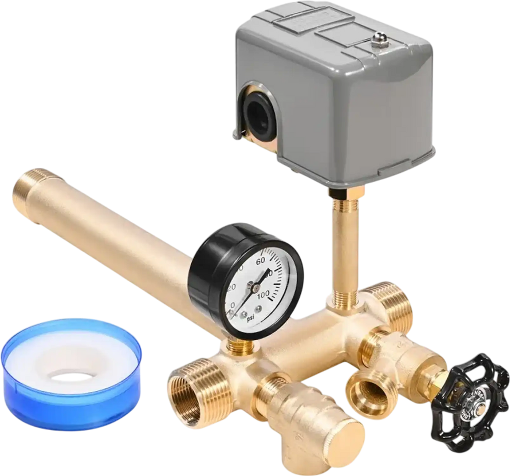 VEVOR 1" x 11" Well Pressure Tank Tee Kit, with 40/60PSI Switch, 7-Pieces Pure Brass Pressure Tank Installation Kit for Water Well, Fit Most Tanks with Diameters up to 16 Inches