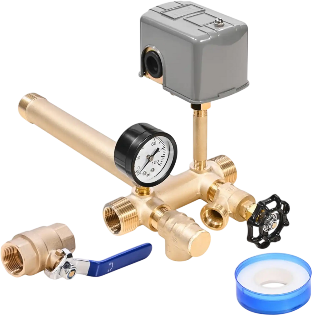 VEVOR 1" x 11" Well Pressure Tank Tee Kit, with 30/50PSI Switch, 8-Pieces Pure Brass Pressure Tank Installation Kit for Water Well, 1 in Gate Valve Included, Fit Most tanks with Diameter up to 16 in