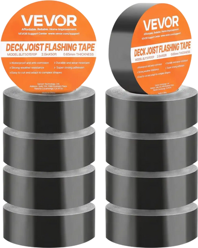 VEVOR Deck Joist Tape, 2 inch x 50 ft, 10 Pack, Weather-Resistant Waterproof Flashing Butyl Joist Tape for Decking, Self-Adhesive, for Wood Decks, Beams Roofs, RVs, House, and Pipes Repair, Black