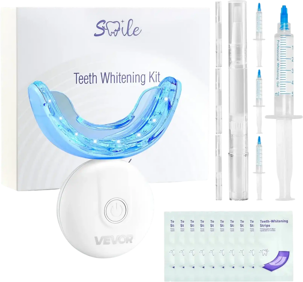 VEVOR Teeth Whitening Kit with LED Light, 32 LED Accelerator Lights, Whitening Strips, Pens and Gel Syringes, U-Shaped Tray, Wireless Portable Kit Fast and Effectively Removes Stubborn Stains