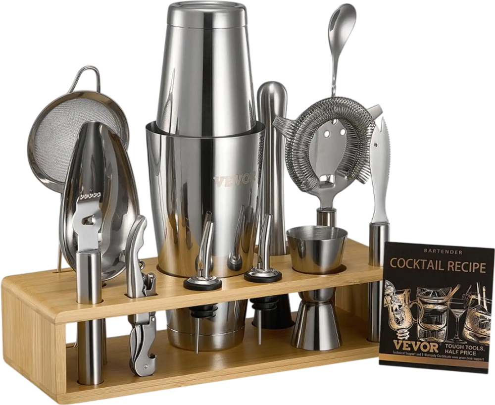 VEVOR Cocktail Shaker Set, 13-Piece Stainless Steel Bar Tools with Bamboo Stand, Boston Bartender Kit Accessories | Mixer Spoon, Muddler, Jigger, Strainer, Liquor Pourers, Ice Scoop, Lemon Zester