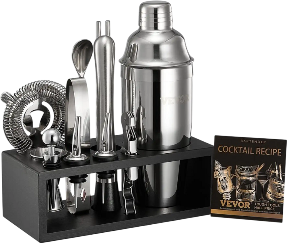 VEVOR Cocktail Shaker Set, 13-Piece Stainless Steel Bar Tools with Bamboo Stand, Martini Bartender Kit Accessories | Mixer Spoon, Muddler, Jigger, Strainer, Liquor Pourers, Ice Tong, Corkscrew, Silver