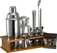 VEVOR Cocktail Shaker Set, 18-Piece Stainless Steel Bar Tools with Bamboo Stand, Martini Bartender Kit Accessories | Mixer Spoon, Muddler, Jigger, Strainer, Liquor Pourers, Ice Tong, Corkscrew, Silver