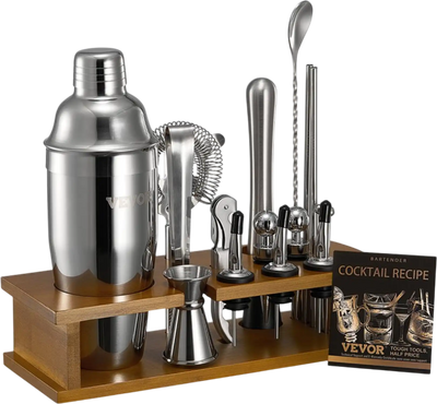 VEVOR Cocktail Shaker Set, 18-Piece Stainless Steel Bar Tools with Bamboo Stand, Martini Bartender Kit Accessories | Mixer Spoon, Muddler, Jigger, Strainer, Liquor Pourers, Ice Tong, Corkscrew, Silver
