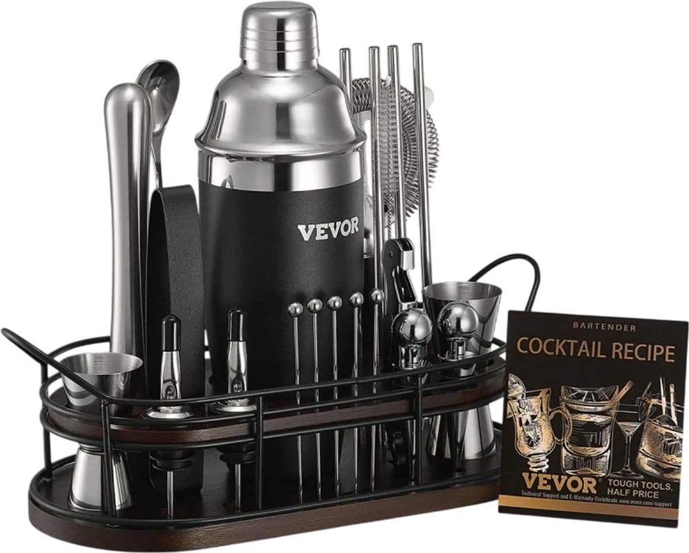 VEVOR Cocktail Shaker Set, 23-Piece Stainless Steel Bar Tools with Bamboo Stand, Martini Bartender Kit Accessories | Mixer Spoon, Muddler, Jiggers, Strainer, Liquor Pourers, Ice Tong, Corkscrew