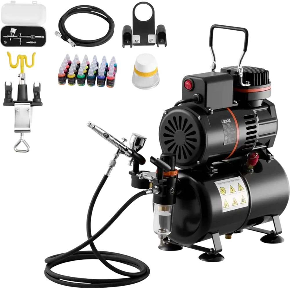 VEVOR Airbrush Kit, 1/6 HP, Air Brush Kit with Air Compressor and Tank, 1 Dual-Action Professional Airbrush with 1 Tip, Hose, Acrylic Paint, 2 Fans, for Cake Decorating, Model Painting, Nail Art