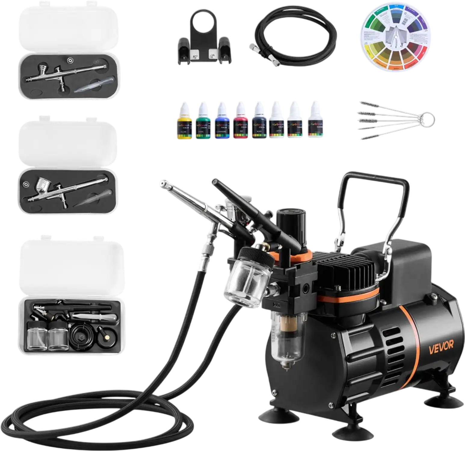 Vevor Airbrush Kit with Compressor 1/6 HP 3 Dual-Action Airbrushes 3 Tips 2 Fans New