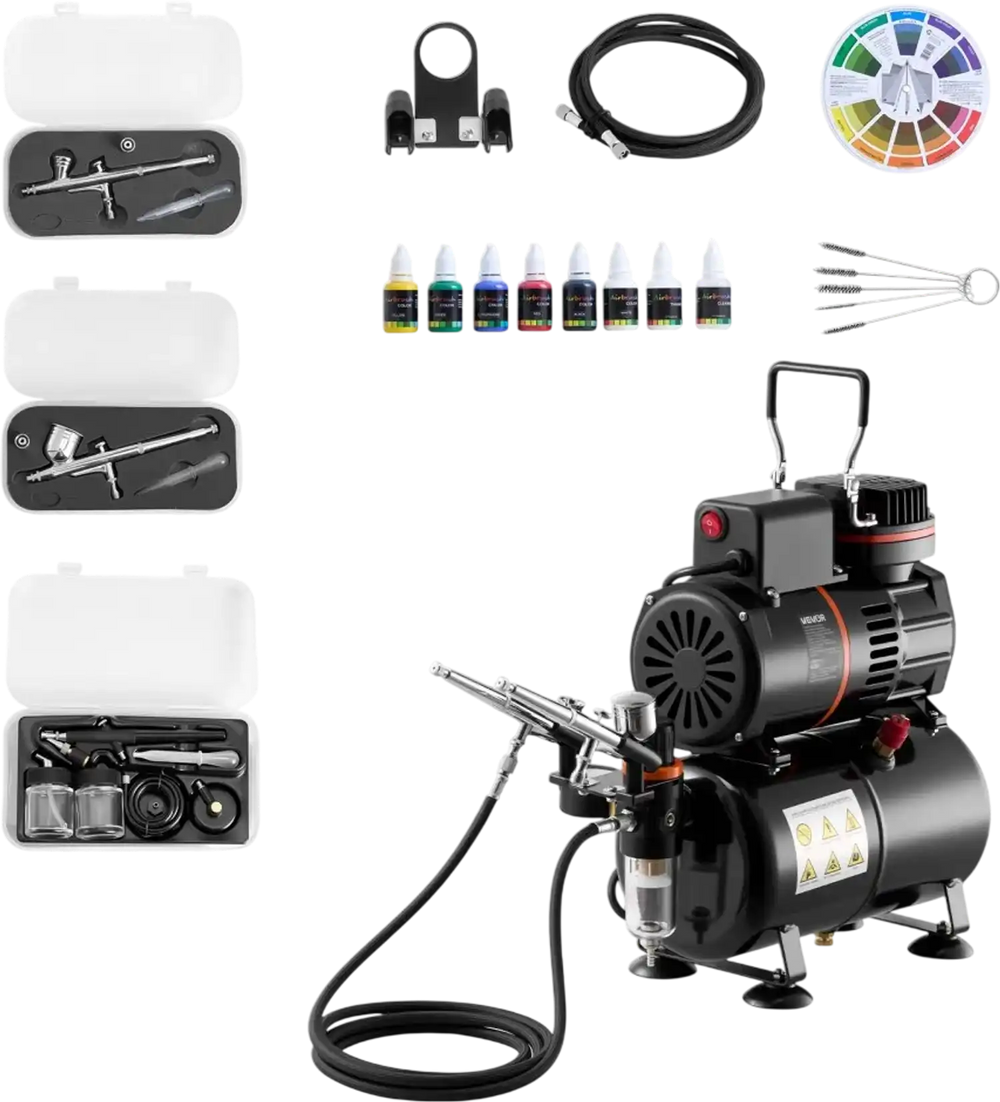 VEVOR Airbrush Kit, 1/6 HP, Air Brush Kit with Air Compressor and Tank, 3 Dual-Action Professional Airbrushes with 3 Tips, Hose, Acrylic Paint, 2 Fans, for Cake Decorating, Model Painting, Nail Art