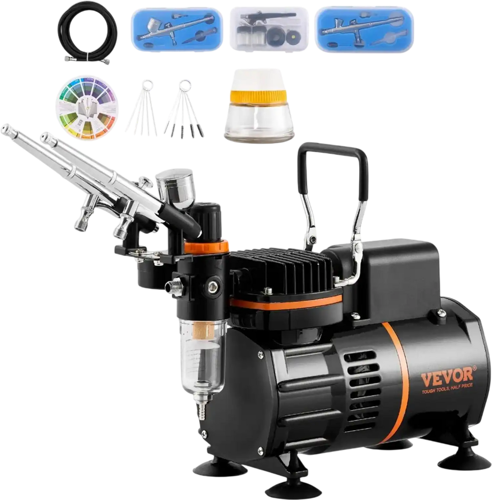 VEVOR Airbrush Kit, Dual Fan Air Compressor Professional Airbrushing System Kit with 3 Airbrushes, Holder, Color Mixing Wheel, Cleaning Brush Set, Air Brush Set for Art Nail Cookie Tattoo Makeup Cake