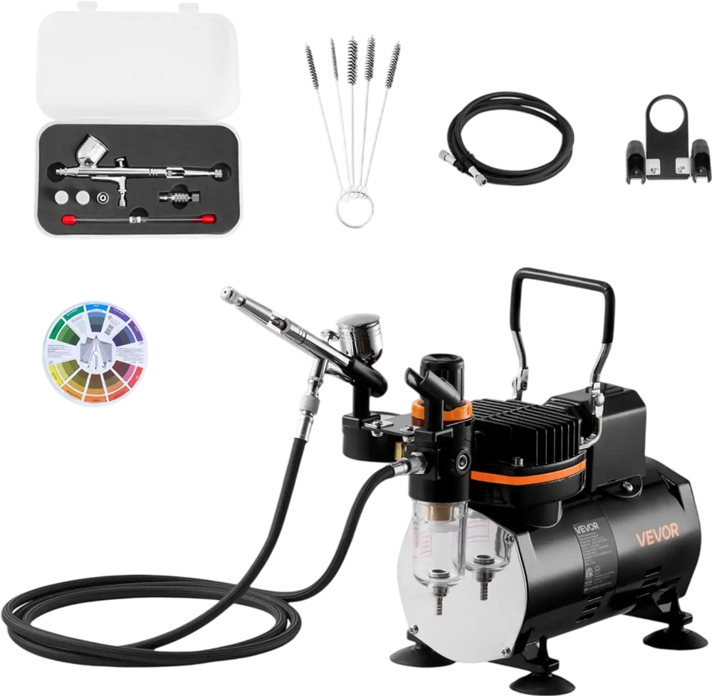 VEVOR Airbrush Kit, 1/6 HP, Air Brush Kit with Air Compressor, 1 Dual-Action Professional Airbrush with 3 Tips, Hose, Holder, Cleaning Set, Low Noise, for Cake Decorating, Model Painting, Nail Art