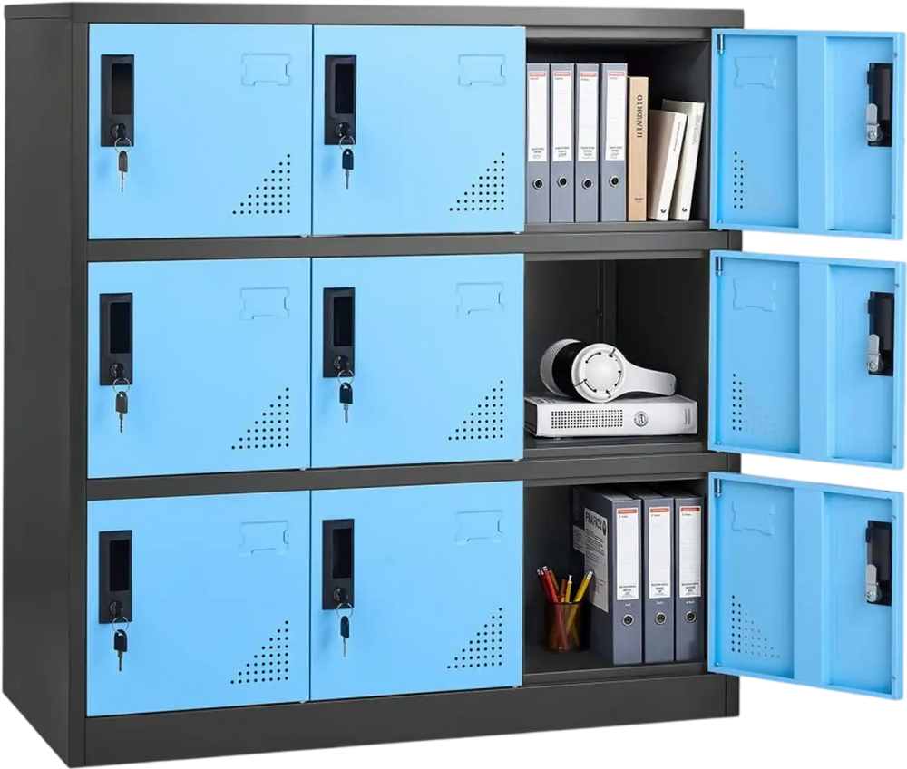 VEVOR 9 Doors Metal Locker, Lockable Steel Storage Cabinet, 66 lbs Loading Capacity, 2 Keys for Each Door, 3 Tiers Employee Lockers for Office, School, Gym, Easy Assembly, 35.4 x 17.7 x 37 in, Black