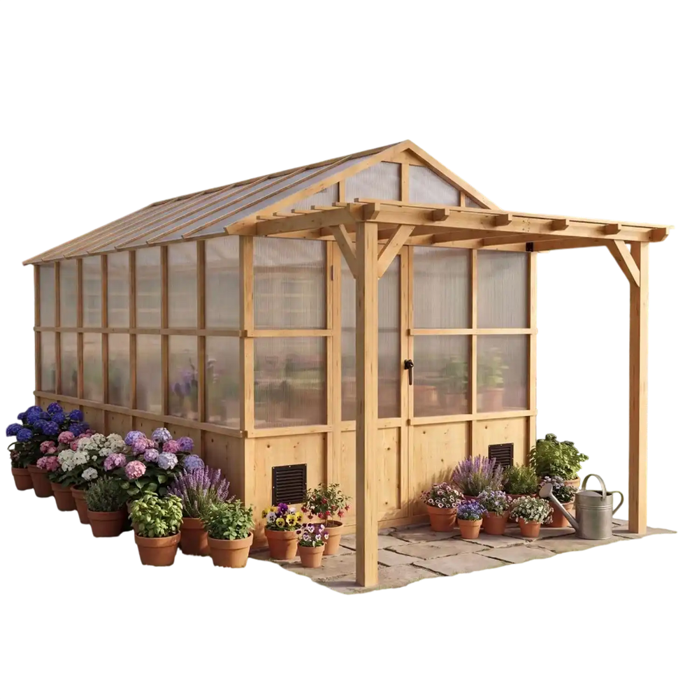 VEVOR Wooden Greenhouse 8'x14' Fir Wood Walk-In Greenhouse Kit with Pergola, for Outdoor Garden Backyard, Heavy Duty Green House with Polycarbonate Panels, Foldable Shelves, Tool Rails & Lockable Door