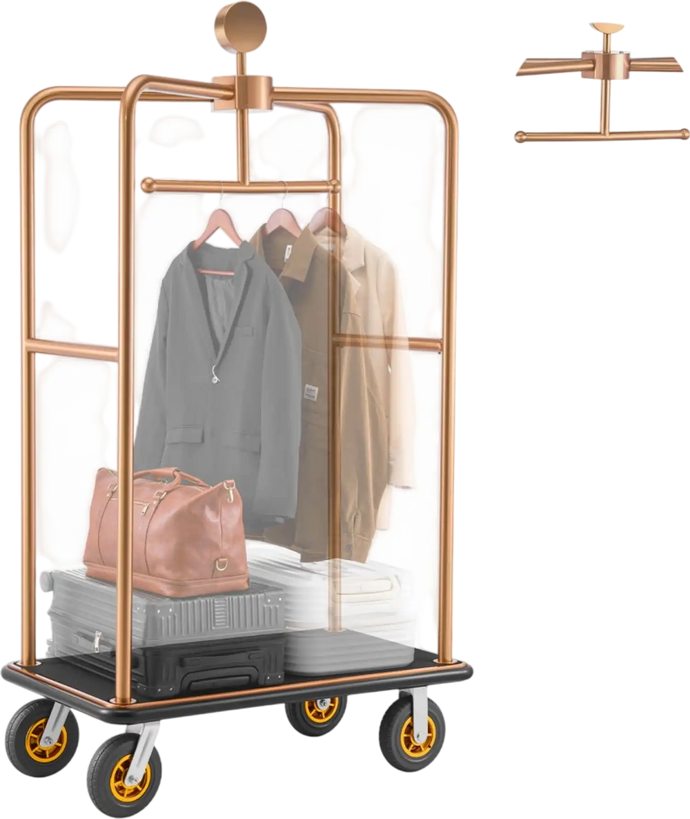 VEVOR Hotel Luggage Cart, 1200 lbs Heavy Duty Bellman Cart with Stainless Steel Frame, 8 in Rubber Wheels, Black Carpeted Deck, Commercial Luggage Carrier Rolling Trolley for Hotels,Resorts, Rose Gold