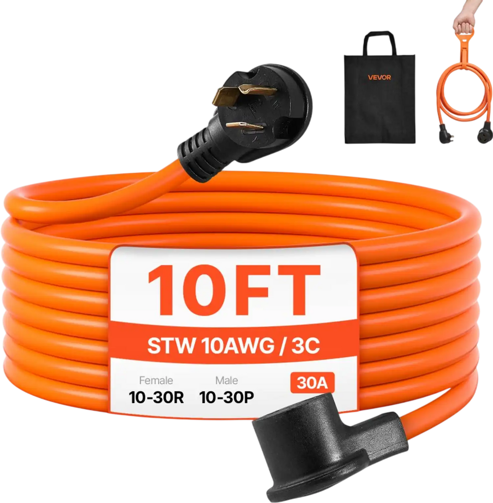VEVOR 10 ft Dryer Extension Cord, 3-Prong NEMA 10-30P to 10-30R Dryer Cord, 125V/250V STW 10AWG/3C, 30A, Pure Copper Wire Cable with Black Non-woven Bag and PVC Cable Tie, Ideal for Indoor & Outdoor