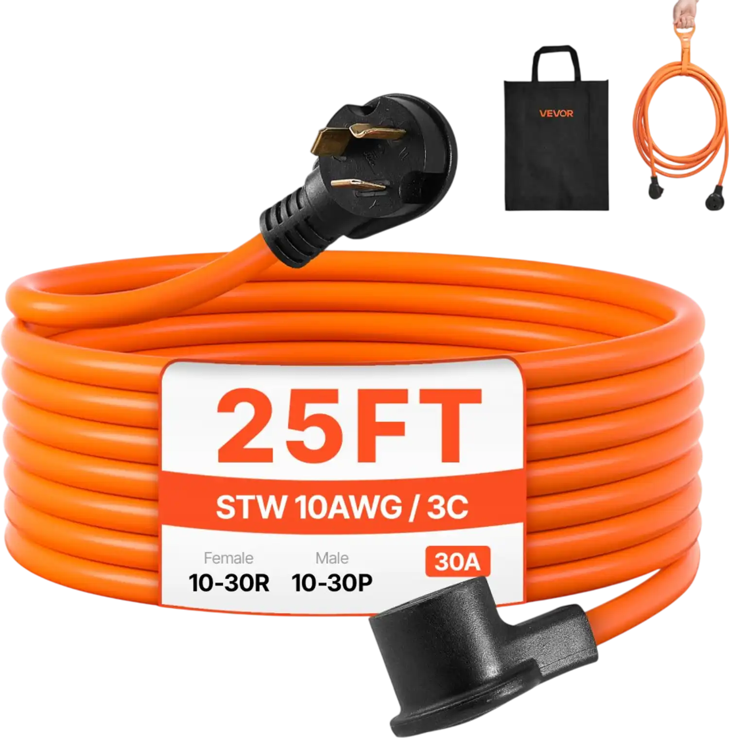 Vevor Dryer Extension Cord 25' 30A 10AWG 3-Prong NEMA 10-30P to 10-30R New