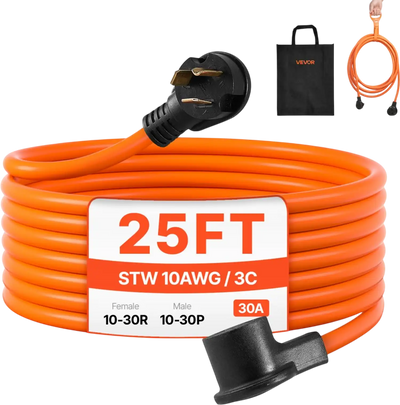 VEVOR 25 ft Dryer Extension Cord, 3-Prong NEMA 10-30P to 10-30R Dryer Cord, 125V/250V STW 10AWG/3C, 30A, Pure Copper Wire Cable with Black Non-woven Bag and PVC Cable Tie, Ideal for Indoor & Outdoor