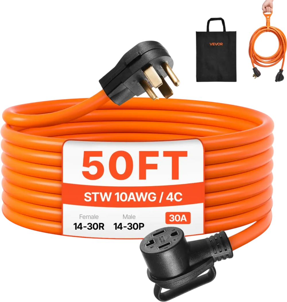 VEVOR 50 ft Dryer Extension Cord, 4-Prong NEMA 14-30P to 14-30R Dryer Cord, 125V/250V, STW 10AWG/4C, 30A, Pure Copper Wire Cable with Black Non-woven Bag and PVC Cable Tie, for Outdoor & Indoor Use