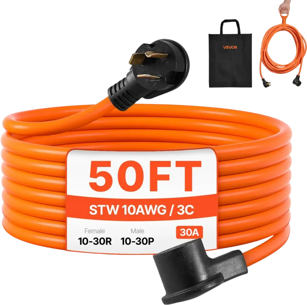VEVOR 50 ft Dryer Extension Cord, 3-Prong NEMA 10-30P to 10-30R Dryer Cord, 125V/250V STW 10AWG/3C, 30A, Pure Copper Wire Cable with Black Non-woven Bag and PVC Cable Tie, Ideal for Indoor & Outdoor